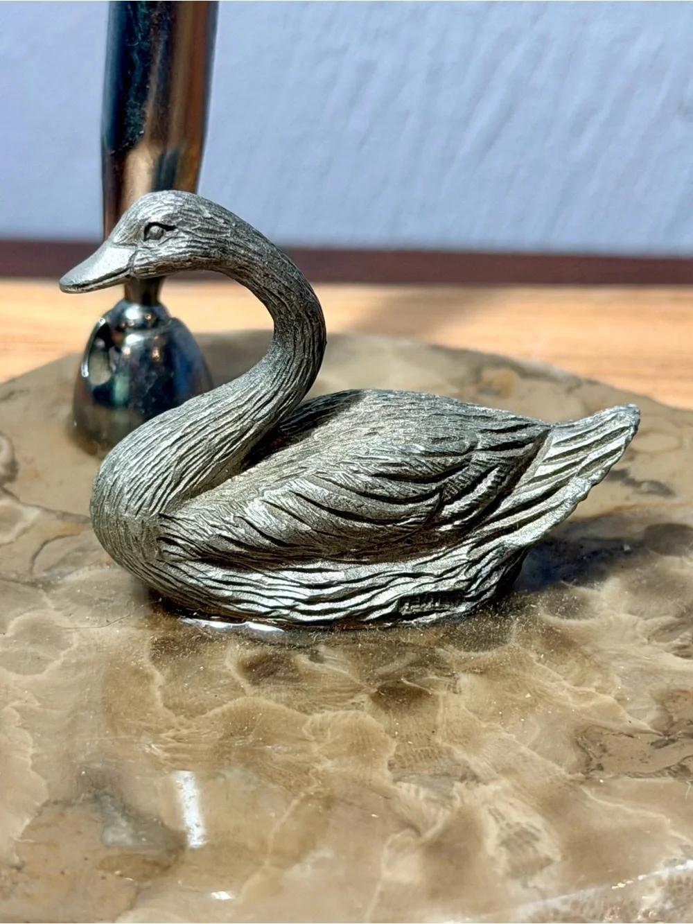 Vintage 1870s Pewter/ Silver tone Swan Pen Holder on Onyx stand.